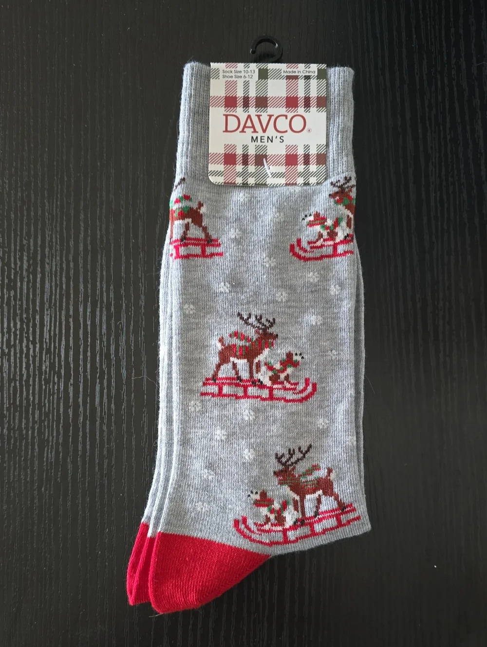 DAVCO Men's Gray Reindeer Crew Socks with Red Accents